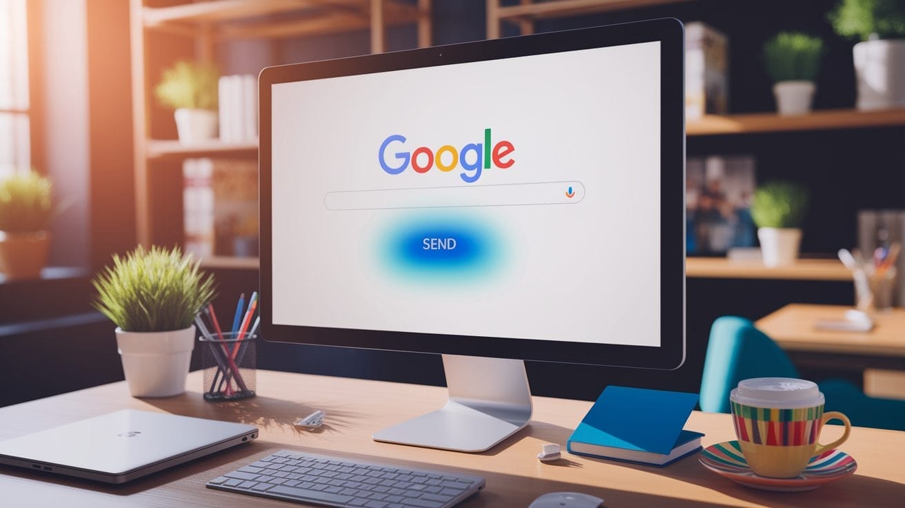 Google Search Tests Blue Send Button In Query Box